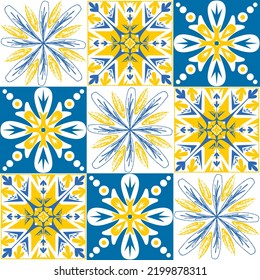 azulejo tile spanish style, TalaVera de Puebla ceramic tile blue yellow white color, beautiful ornate pattern for wall decoration