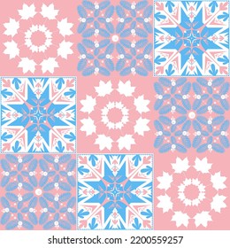 azulejo tile spanish style, TalaVera de Puebla ceramic tile pastel pink blue white color, beautiful ornate pattern for wall decoration