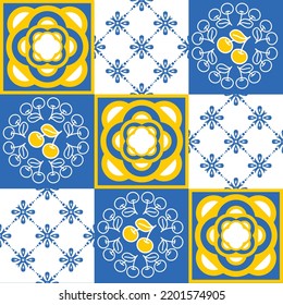 azulejo tile spanish style, TalaVera de Puebla ceramic tile blue yellow white color, beautiful ornate pattern for wall decoration