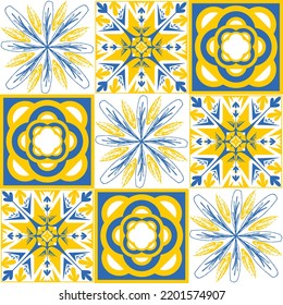 azulejo tile spanish style, TalaVera de Puebla ceramic tile blue yellow white color, beautiful ornate pattern for wall decoration