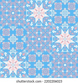 azulejo tile spanish style, TalaVera de Puebla ceramic tile pastel pink blue white color, beautiful ornate pattern for wall decoration