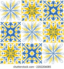 azulejo tile spanish style, TalaVera de Puebla ceramic tile blue yellow white color, beautiful ornate pattern