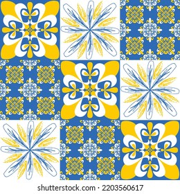 azulejo tile spanish style, TalaVera de Puebla ceramic tile blue yellow white color, beautiful ornate pattern for wall decoration