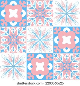 azulejo tile spanish style, TalaVera de Puebla ceramic tile pastel pink blue white color, beautiful ornate pattern