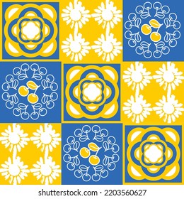 azulejo tile spanish style, TalaVera de Puebla ceramic tile blue yellow white color, beautiful ornate pattern for wall decoration