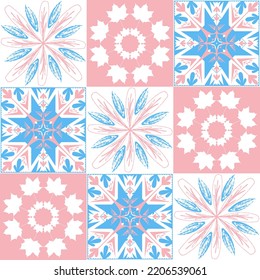 azulejo tile spanish style, TalaVera de Puebla ceramic tile pastel pink blue white color, beautiful ornate pattern