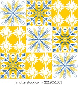 azulejo tile spanish style, TalaVera de Puebla ceramic tile blue yellow white color, beautiful ornate pattern