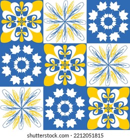 azulejo tile spanish style, TalaVera de Puebla ceramic tile blue yellow white color, beautiful ornate pattern