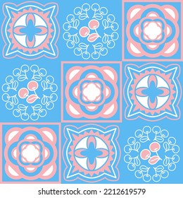 azulejo tile spanish style, TalaVera de Puebla ceramic tile pastel pink blue white color, beautiful ornate pattern