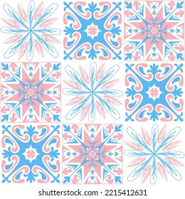 azulejo tile spanish style, TalaVera de Puebla ceramic tile pastel pink blue white color, beautiful ornate pattern