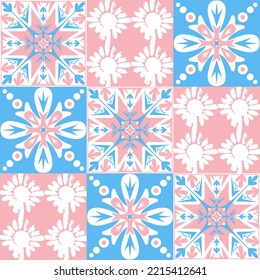 azulejo tile spanish style, TalaVera de Puebla ceramic tile pastel pink blue white color, beautiful ornate pattern for wall decoration