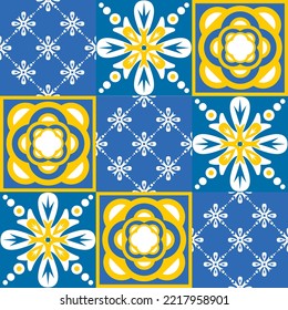 azulejo tile spanish style, TalaVera de Puebla ceramic tile blue yellow white color, beautiful ornate pattern