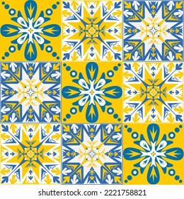 azulejo tile spanish style, TalaVera de Puebla ceramic tile blue yellow white color, beautiful ornate pattern for wall decoration