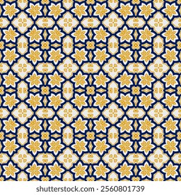 Azulejo Tiles  (Blue, Yellow, White) - Repeating Vector Image; Easily Editable; Endless Design; Colorful lIlustration. Print for Gift Paper, Packaging, etc.