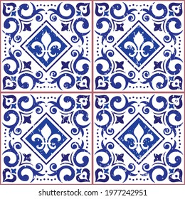 Azulejo tiles seamless vector pattern - Lisbon decorative style, old scratched ornamental design inspired by art from Portugal with fluer de lis and swirls. Portuguese retrowallpaper or fabric print