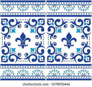 Azulejo tiles seamless vector pattern - Lisbon luxury style, ornamental design with border or frame inspired by art from Portugal with fluer de lis and swirls
