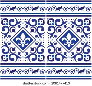 Azulejo tiles seamless vector pattern with frame or border- Lisbon decorative style, fleur de lis design inspired by art from Portugal. Portuguese wallpaper, textile fabric print retro background