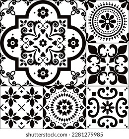 Azulejo tiles seamless vector pattern set - small and big tile size, traditional design collection inspired by Portuguese and Spanish ornaments in black and white. Retro monochrome wallpaper, textile 