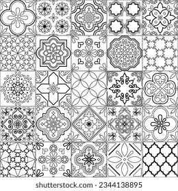 Azulejo tiles seamless vector pattern set - line art traditional design collection inspired by Portuguese and Spanish ornaments in black and white. Retro monochrome wallpaper, textile or fabric print 