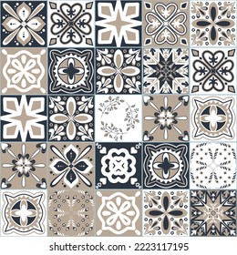 Azulejo traditional spanish pottery, square Azulejo tiles for design, vector illustration decorative seamless pattern