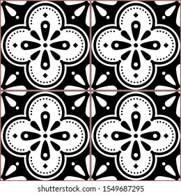Azulejo vector tiles seamless black and white pattern inspired by Portuguese art, Lisbon style tile background. Ornamental monochrome textile background inspired by Spanish and Portuguese tiles