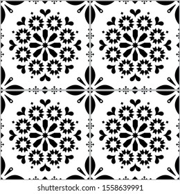 Azulejo vector tiles seamless pattern inspired by Portuguese art, Lisbon style black and white tile background. Ornamental monochrome textile background inspired by Spanish and Portuguese art