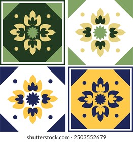 Azulejo-Inspired Mediterranean Tiles: Portuguese and Spanish Patterns Featuring Indian, Baroque, Damask, Ikat, Arabic, and Turkish Motifs for Apparel, Wallpaper, Mock up Design. Vector Illustation