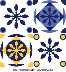 Azulejo-Inspired Tiles: Portuguese and Spanish Seamless Mediterranean Patterns with Indian, Baroque, Damask, Ikat, Arabic, Turkish, Mock up, Wallpaper Design. Motifs for Apparel. Vector Illustrations