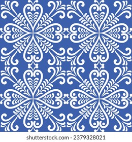 Azulejos in blue and white.Original traditional Portuguese and Spain decor.Seamless pattern tile with Victorian motives.Ceramic tile in talavera style. Ornamental blue and white patterns for any decor