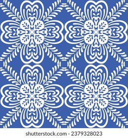 Azulejos in blue and white.Original traditional Portuguese and Spain decor.Seamless pattern tile with Victorian motives.Ceramic tile in talavera style. Ornamental blue and white patterns for any decor