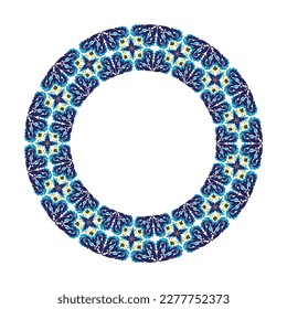 Azulejos blue and yellow pattern circle frame, Protugales style surface design