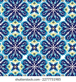 Azulejos blue and yellow seamless pattern, Protugal style surface design