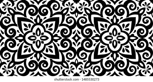 Azulejos ceramic tile design. Talavera tracery motif. Unique creative endless fill swatch. Portuguese, Spanish, Mexican, Brazilian folklore ornament. Ethnic style vector hand drawn seamless pattern.