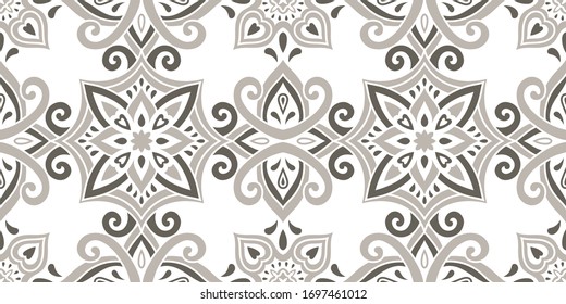 Azulejos ceramic tile design. Talavera tracery motif. Unique creative endless fill swatch. Portuguese, Spanish, Mexican, Brazilian folklore ornament. Ethnic style vector hand drawn seamless pattern.