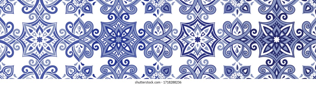Azulejos ceramic tile design. Talavera tracery motif. Unique creative endless fill swatch. Portuguese, Spanish, Mexican, Brazilian folklore ornament. Ethnic style vector hand drawn seamless pattern.