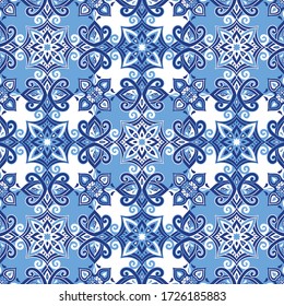 Azulejos ceramic tile design. Talavera tracery motif. Unique creative endless fill swatch. Portuguese, Spanish, Mexican, Brazilian folklore ornament. Ethnic style vector hand drawn seamless pattern.