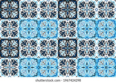 Azulejos ceramic tile design. Talavera tracery motif. Unique creative endless fill swatch. Portuguese, Spanish, Mexican, Brazilian folklore ornament. Ethnic style vector hand drawn seamless pattern.