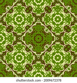 Azulejos ceramic tile design. Talavera tracery motif. Unique creative endless fill swatch. Portuguese, Spanish, Mexican, Brazilian folklore ornament. Ethnic style vector hand drawn seamless pattern.