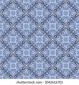 Azulejos ceramic tile design. Talavera tracery motif. Unique creative endless fill swatch. Portuguese, Spanish, Mexican, Brazilian folklore ornament. Ethnic style vector hand drawn seamless pattern.