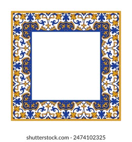 Azulejos frame tile - Portuguese Dutch and oriental tile in shades of blue colors. Baroque Vector mosaic. Capri Maiolica. Delft Blue and White. Rococo ornament