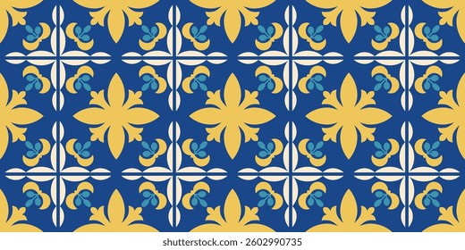 Azulejos. Mediterranean geometric floral seamless pattern. Endless tiles border. Portugal, Mexican, Italian, Moroccan, Turkish, Spanish, Damask backgroound. Blue and yellow decorative design. Vector.