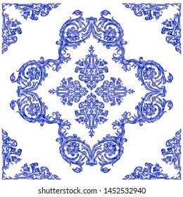 Azulejos - Portuguese Dutch and oriental tile in shades of blue and yellow colors pattern. Baroque Vector mosaic. Rococo ornament