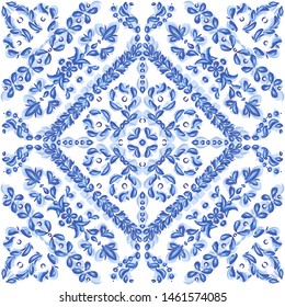 Azulejos - Portuguese Dutch and oriental tile in classical shades of blue colors Inherent similarly style arabesque. Baroque Vector mosaic. Rococo ornament