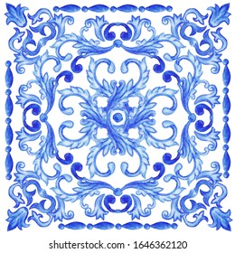 Azulejos - Portuguese Dutch and oriental tile in shades of indigo  blue color.  Watercolor pattern. Traditional tribal ornament. Vector imitation of ceramics. Baroque mosaic. Rococo ornament