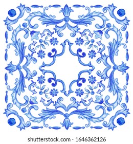 Azulejos - Portuguese Dutch and oriental tile in shades of indigo  blue color.  Watercolor pattern. Traditional tribal ornament. Vector imitation of ceramics. Baroque mosaic. Rococo ornament