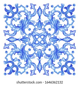 Azulejos - Portuguese Dutch and oriental tile in shades of indigo  blue color.  Watercolor pattern. Traditional tribal ornament. Vector imitation of ceramics. Baroque mosaic. Rococo ornament