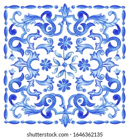 Azulejos - Portuguese Dutch and oriental tile in shades of indigo  blue color.  Watercolor pattern. Traditional tribal ornament. Vector imitation of ceramics. Baroque mosaic. Rococo ornament