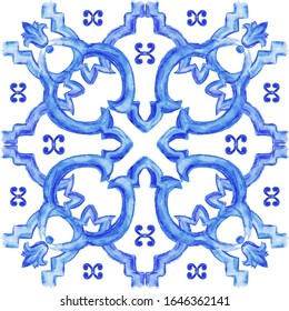 Azulejos - Portuguese Dutch and oriental tile in shades of indigo  blue color.  Watercolor pattern. Traditional tribal ornament. Vector imitation of ceramics. Baroque mosaic. Rococo ornament