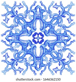 Azulejos - Portuguese Dutch and oriental tile in shades of indigo  blue color.  Watercolor pattern. Traditional tribal ornament. Vector imitation of ceramics. Baroque mosaic. Rococo ornament