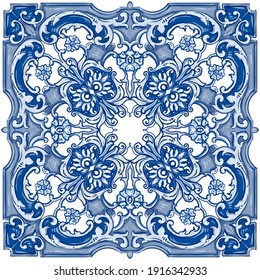 Azulejos - Portuguese Dutch and oriental tile in shades of in classic pale blue and indigo colors pattern. Baroque Vector mosaic. Rococo and Arabesque ornament